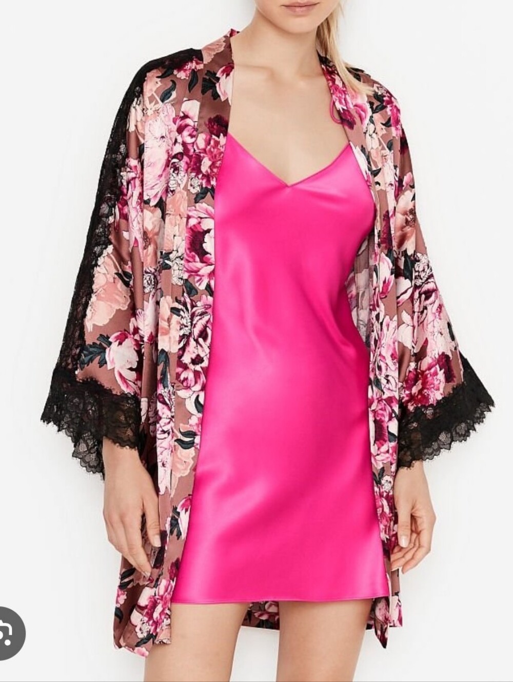 Victoria's Secret Floral Print Robe with Black Lace Trim. Size S/XS - Picture 2 of 6